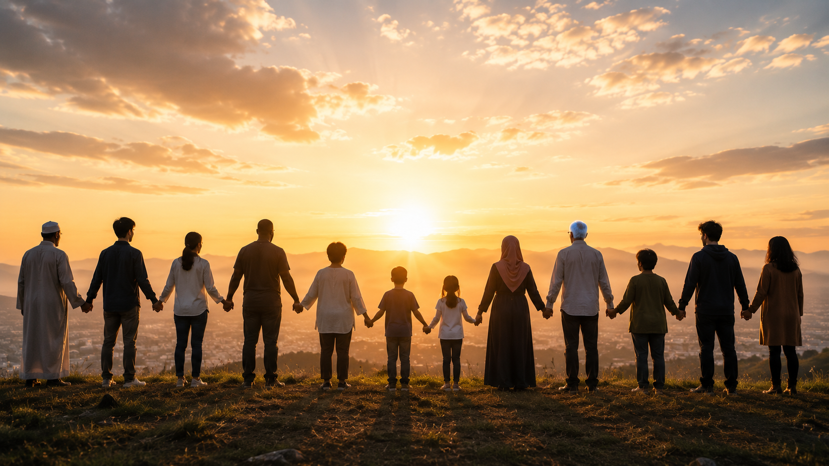 People from different generations standing together at sunrise, reflecting family, hope, and shared human dignity.